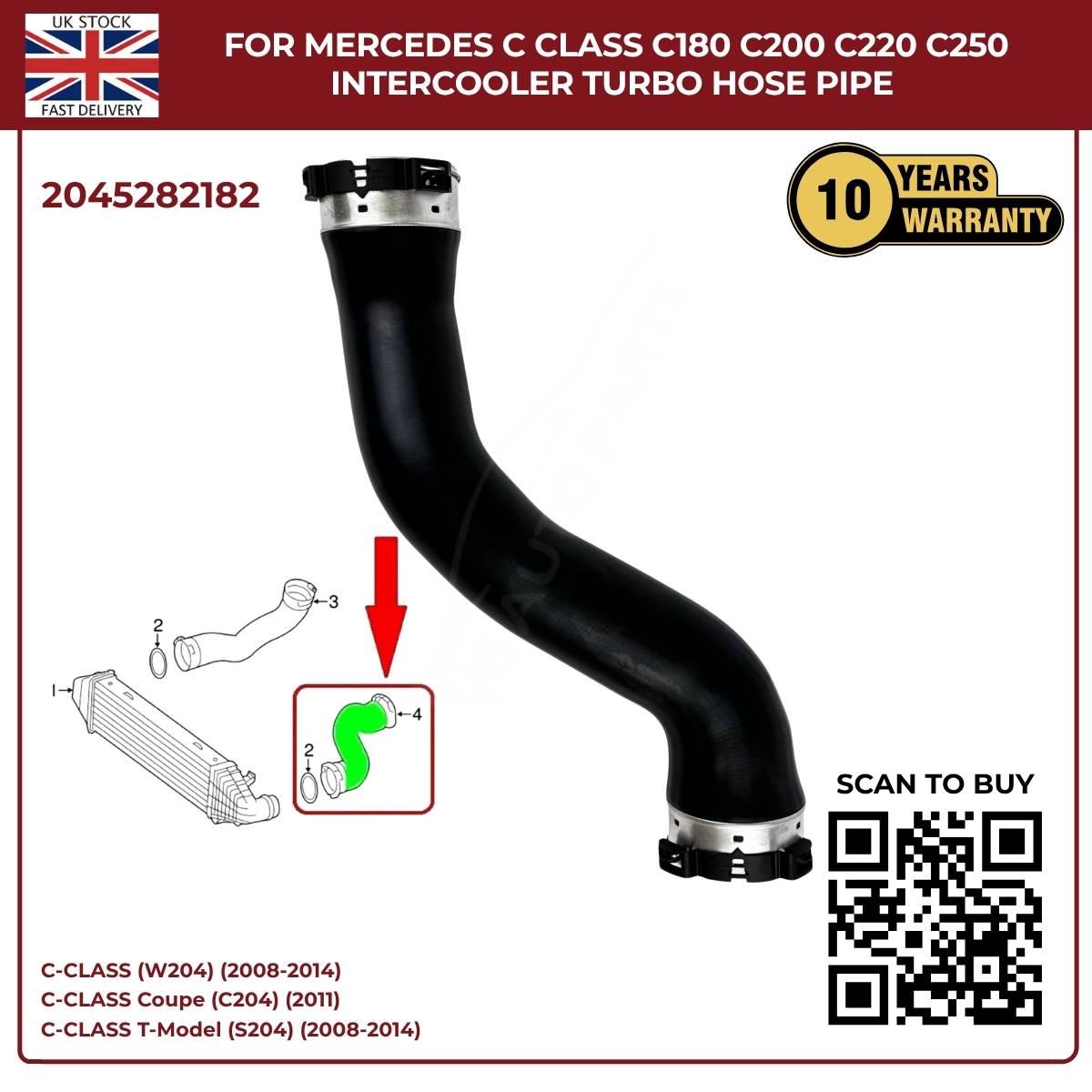 Mercedes C‑Class Intercooler Turbo Hose Pipe – C180 C200 C220 C250 | OE 2045282182 – Black Grille
