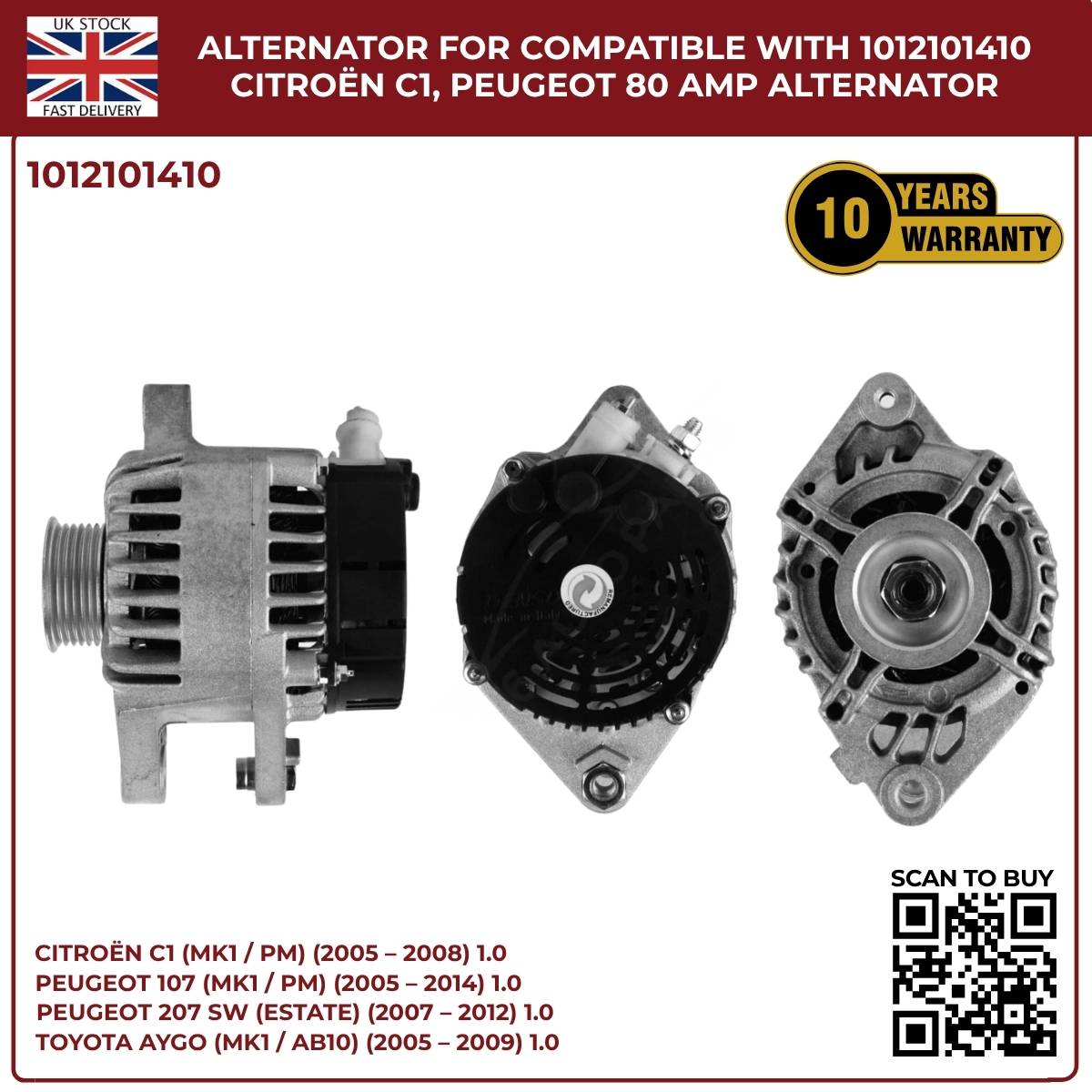 80A Alternator Fits Peugeot 107 1.0 2005‑2016 · Ref 102211‑8731 / DAN1035 / 0986049960 / DRA0248