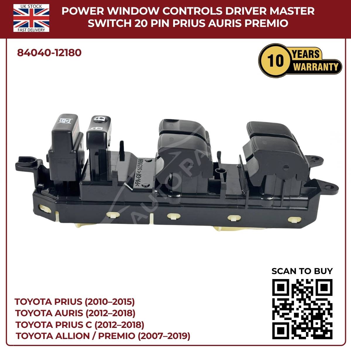 Toyota Lexus Driver Master Power Window Switch β Lock Control Buttons (OEM 84040β12180, CT200h Prius Corolla)