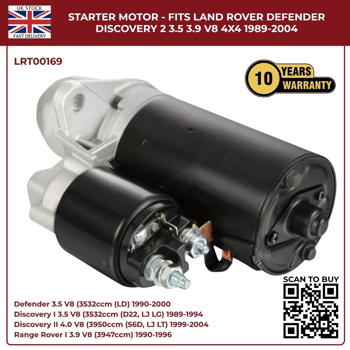 Starter Motor for Land Rover Defender & Discovery V8 (3.5, 3.9, 4.0) – 1989‑2004 | OEM Replacement
