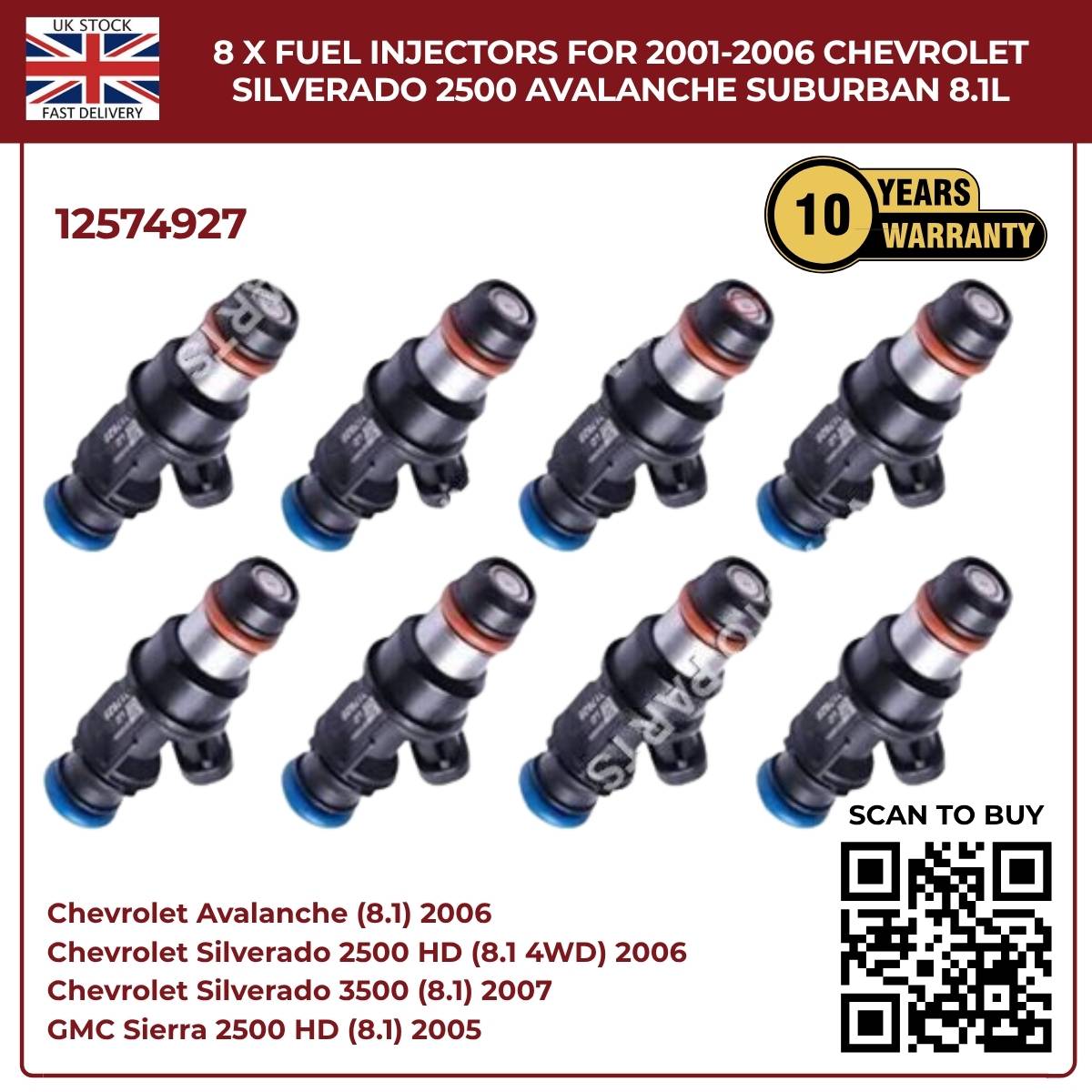 Set of 8 Fuel Injectors | Fits 2001–2006 Chevrolet Silverado, Avalanche & Suburban 8.1L V8