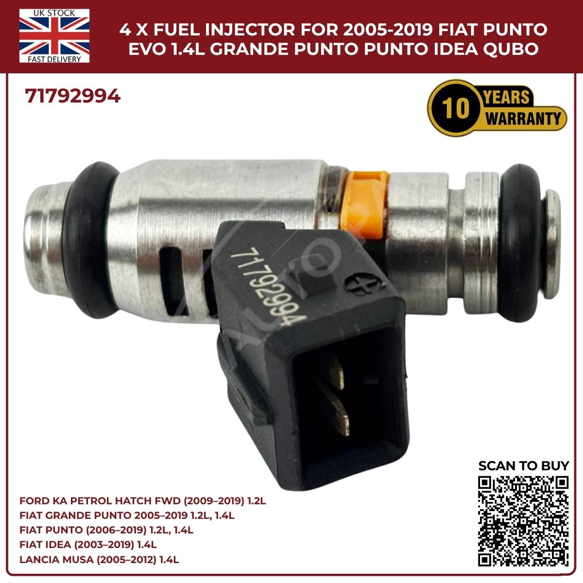 4x Fuel Injectors – Fits Ford Ka 1.2 (2009‑2019) & Fiat Punto Evo 1.4 Petrol – OEM 71792994