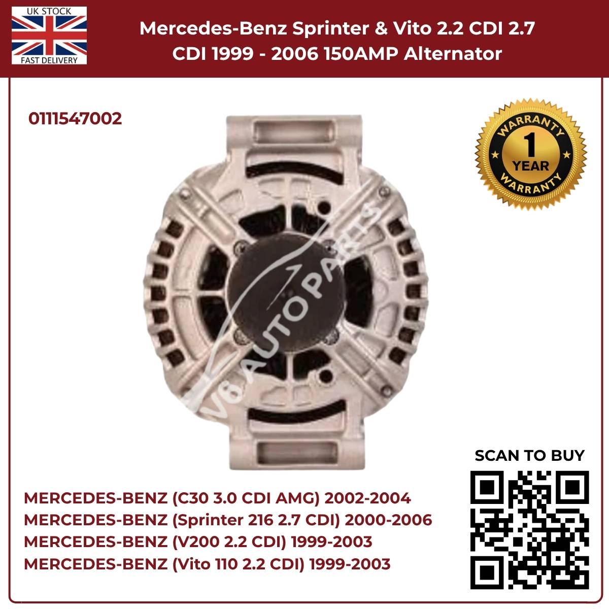 150AMP Alternator for Mercedes-Benz Sprinter & Vito (1999–2006, 2.2 CDI / 2.7 CDI)