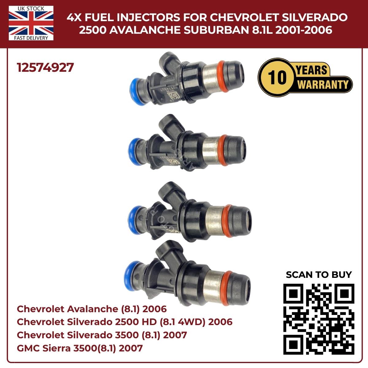 Set of 4 Fuel Injectors | Fits 2001–2006 Chevy Silverado 2500HD, Avalanche 2500, Suburban 2500 | 8.1L Vortec V8 OEM Replacement