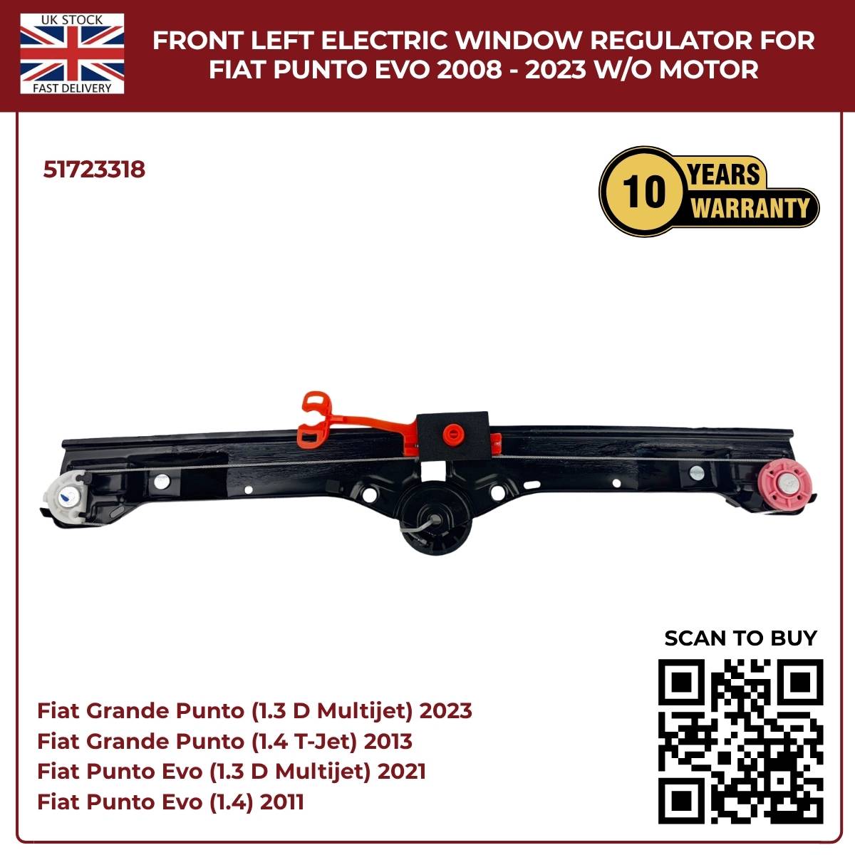 Front Left Electric Window Regulator (No Motor) – Fits Fiat Grande Punto & Punto Evo 2005–2023 | OEM 51723318