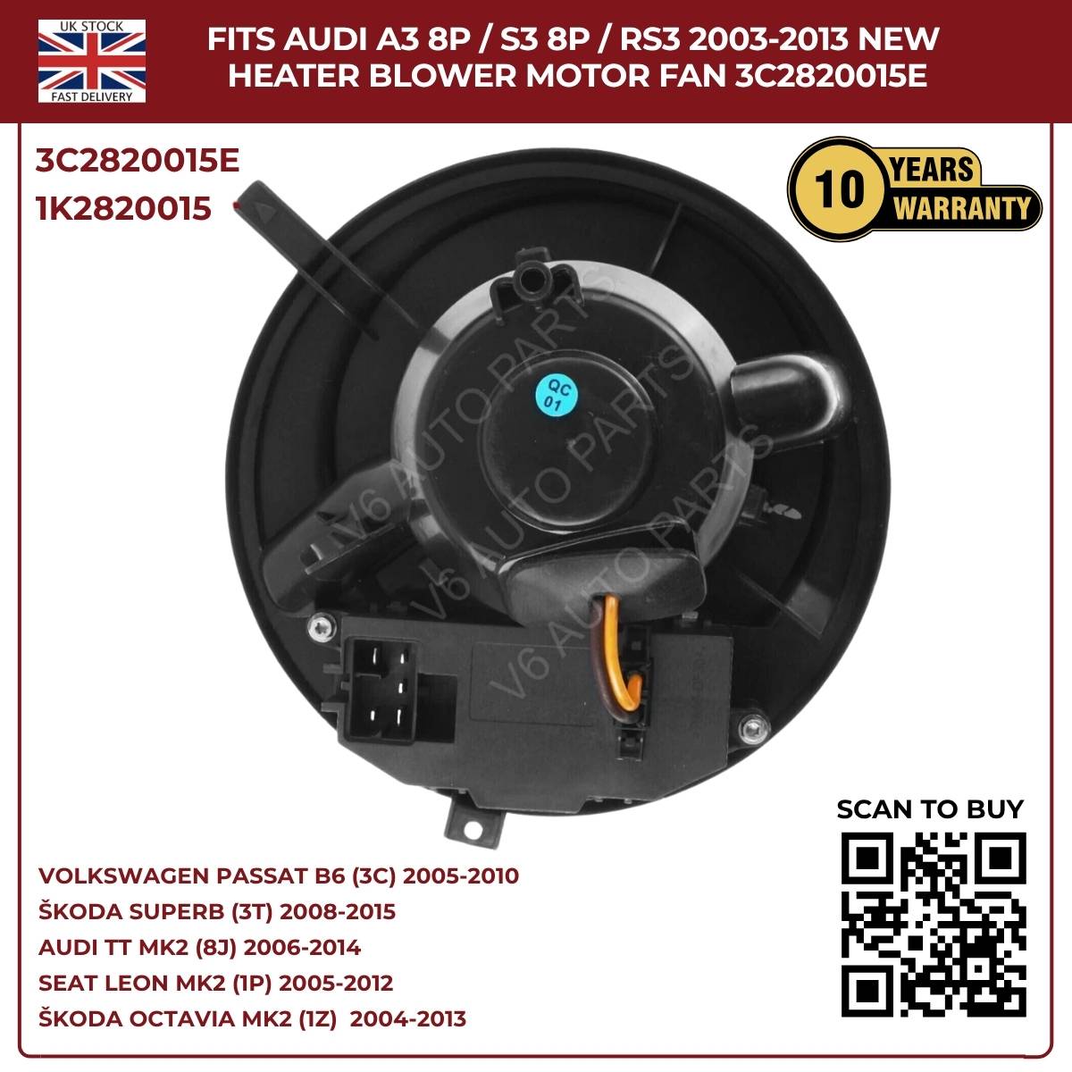 Heater Blower Motor Fan For Audi TT MK2 2006–2014 / A3 8P S3 – OEM 1K2820015A, 3C2820015E