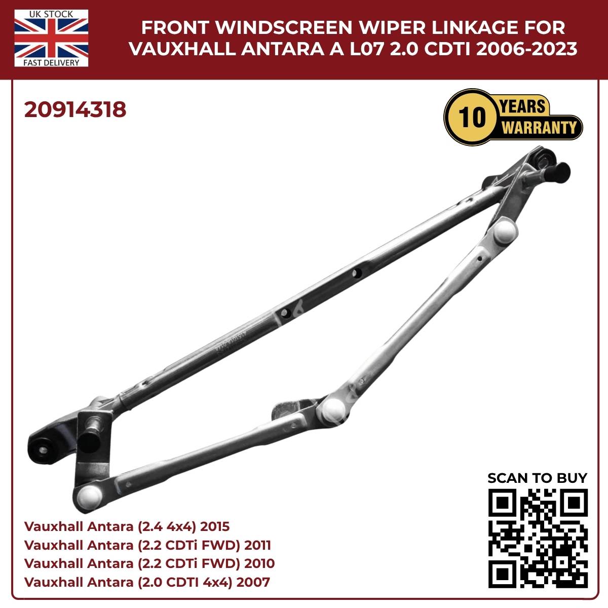 Front Windscreen Wiper Linkage Assembly β Fits Vauxhall Opel Antara 2007βOnwards (Diesel & Petrol) | OE Ref 20914318