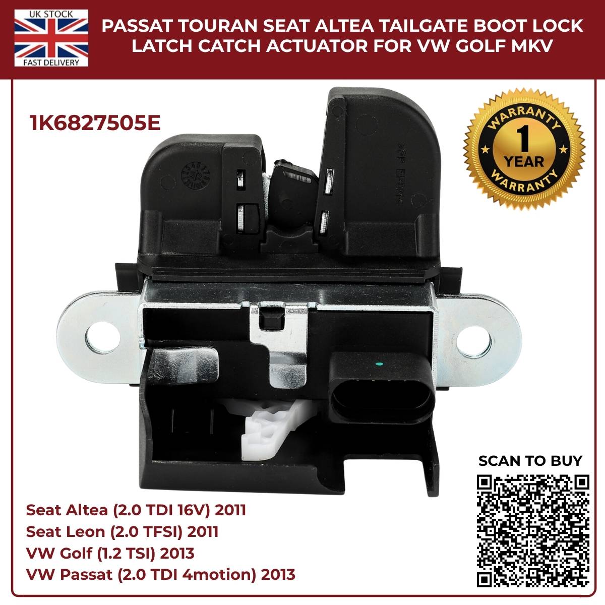 Tailgate Boot Lock Latch Catch Actuator – Fits VW Golf Mk5 Mk6, Passat, Touran, Seat Altea Leon Toledo