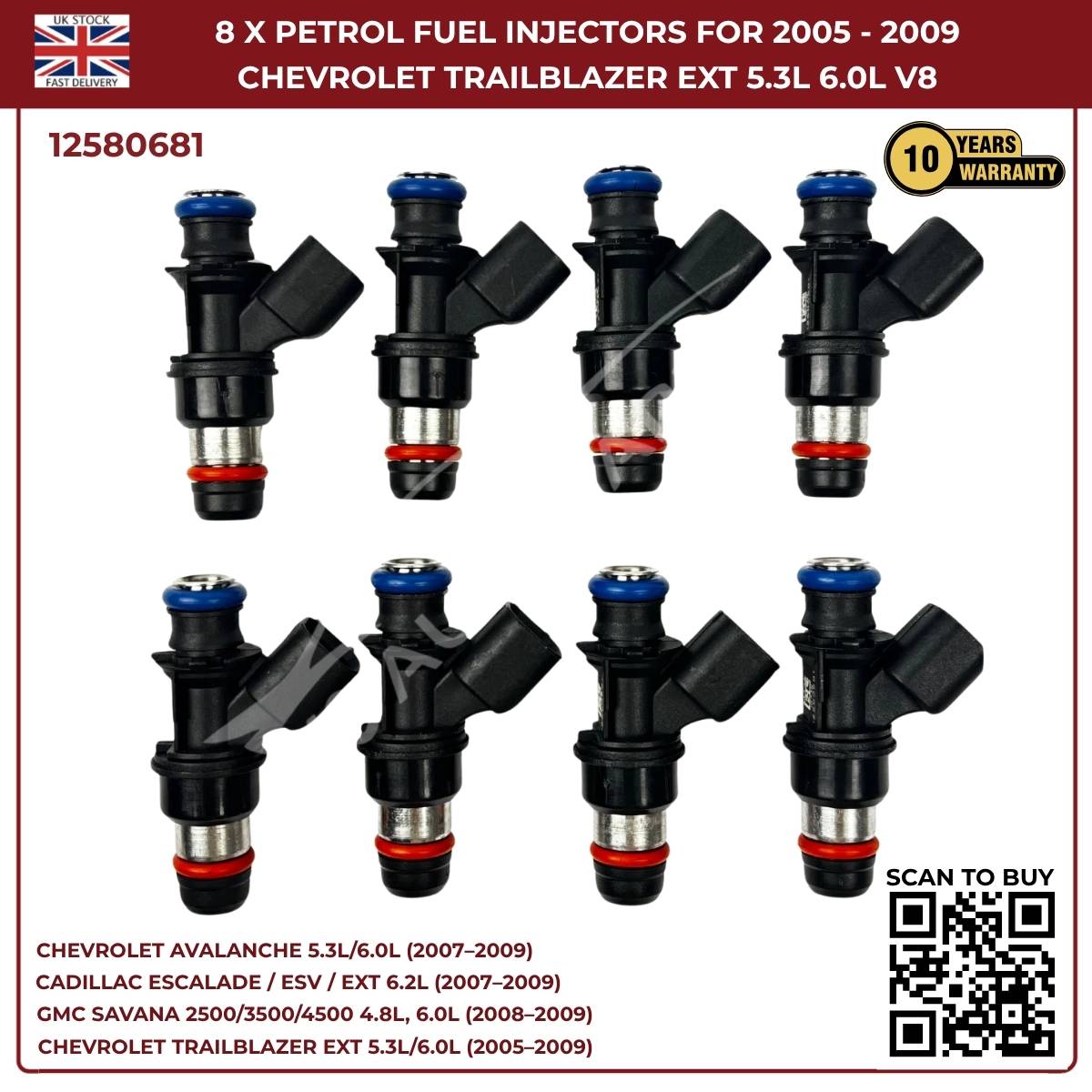 8x Fuel Injectors – Fits 2007–2010 Chevrolet Silverado 1500 / 2500HD / 3500HD – OEM Replacement
