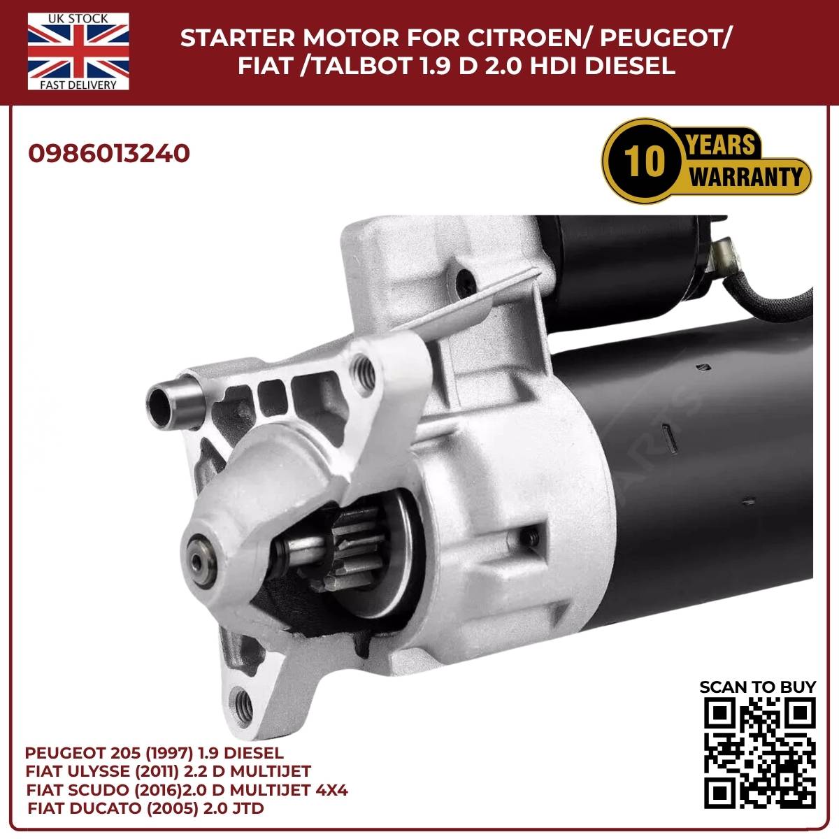 Starter Motor for Citroen / Peugeot / Fiat / Talbot – 1.9D & 2.0 HDI Diesel | Ref 0986013240