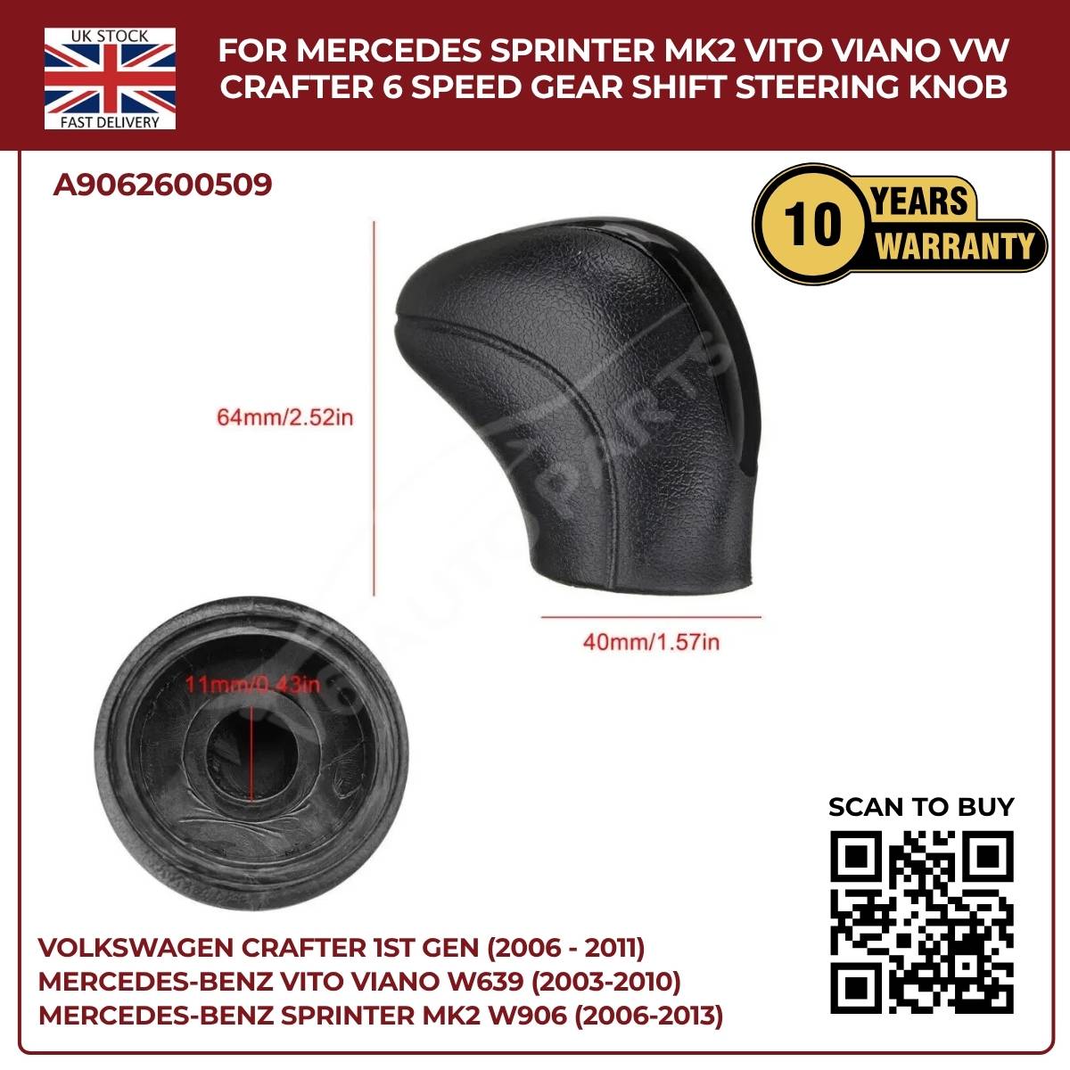 Black Leather 6‑Speed Gear Shift Knob – Fits Mercedes Sprinter MK2 W906 (2006‑2013, 3.5T / 4.5T)