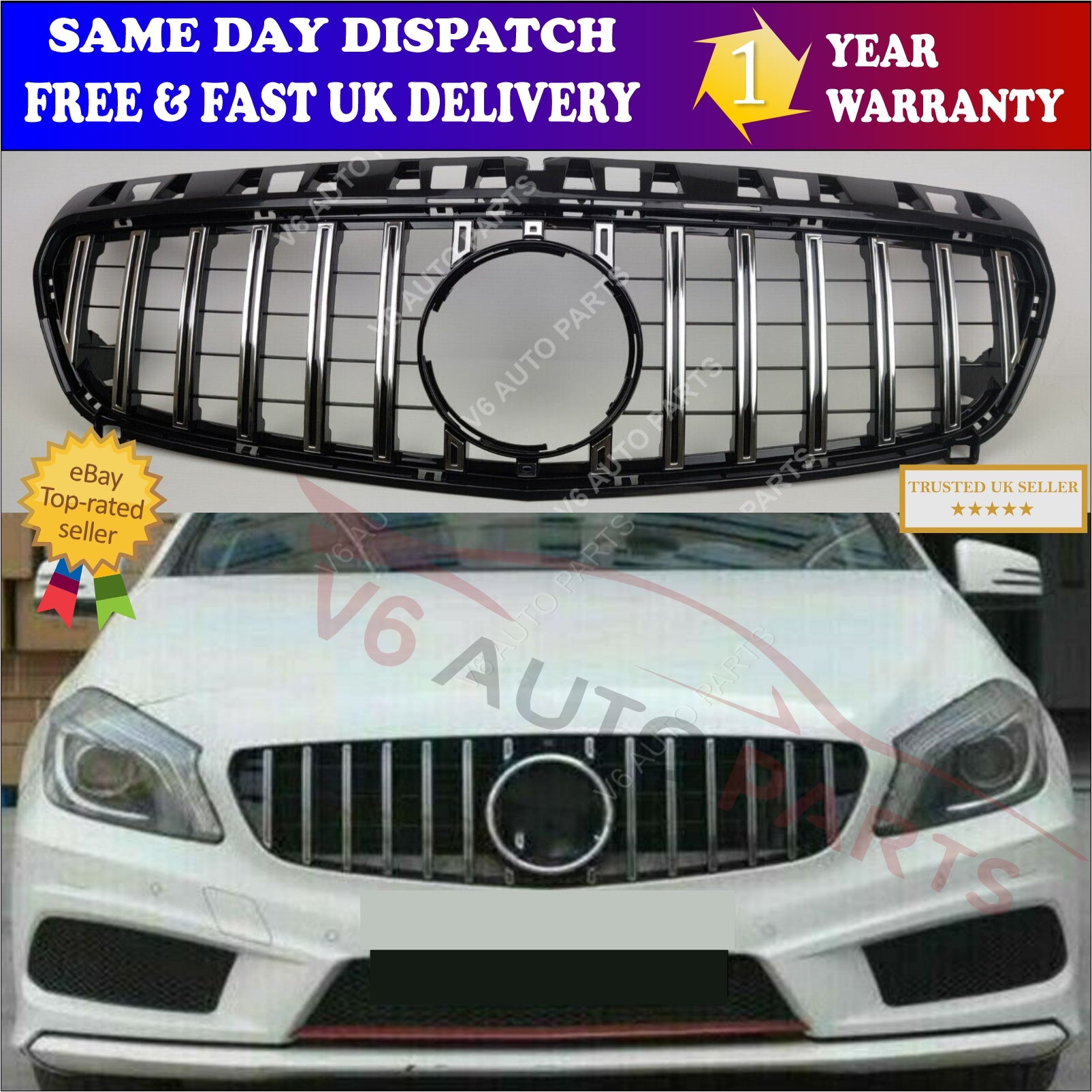Detailed shot of Mercedes C Class W176 Front Radiator Grille and bumper.