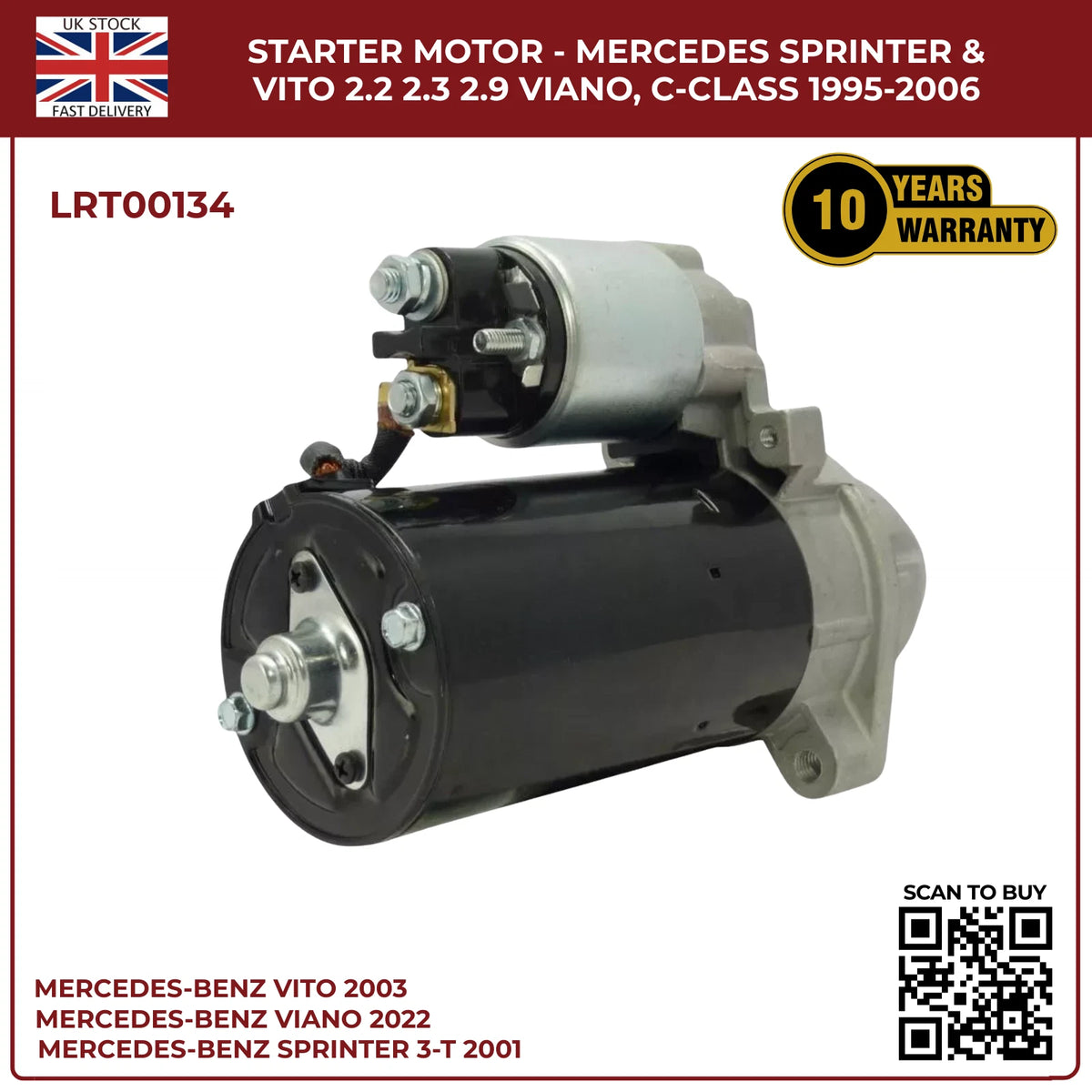 Starter Motor for Mercedes-Benz Sprinter, Vito & Viano (2.0KW | 2.2, 2.3, 2.9 Engines | C220, 250)