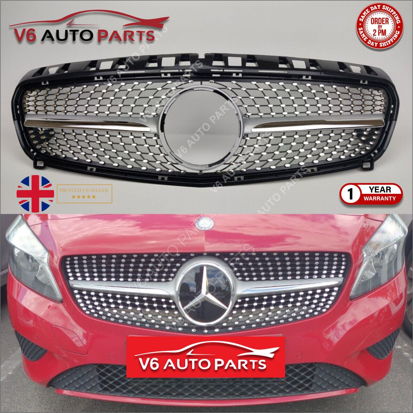 Front grille chrome for Mercedes Benz A Class W205, fits A180, A220, A250, A45 models from 2012-2015.