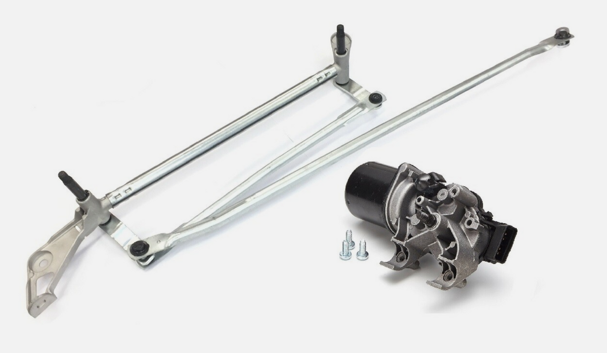 Wiper linkage motor for Renault Clio MK3 2007–2012 shown with compatibility list and 1‑year warranty badge