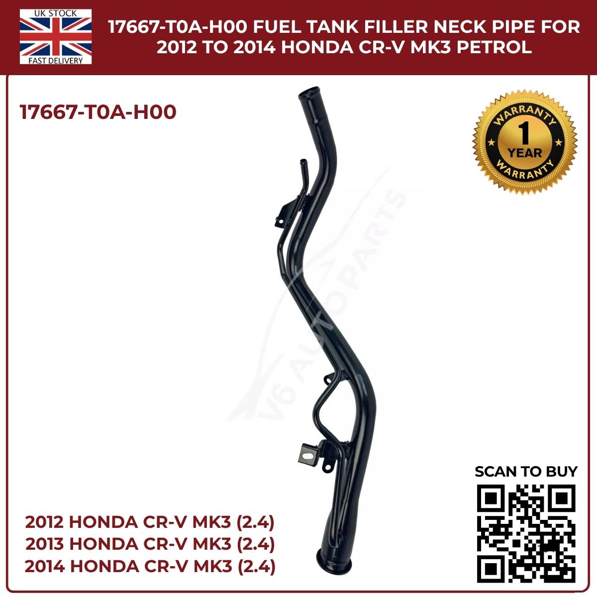 Honda CR-V Fuel Tank Filler Neck Pipe 17667-T0A-H00 | Fits 2012–2014 CR-V MK3 & MK4 2.4 i-VTEC Petrol
