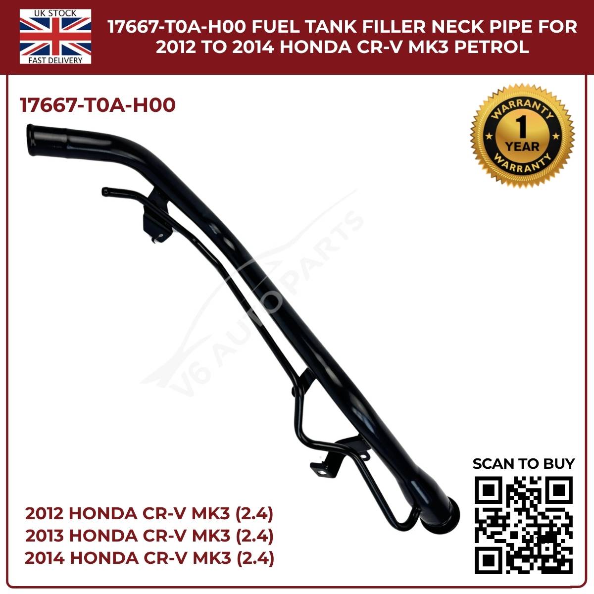 Honda CR-V Fuel Tank Filler Neck Pipe 17667-T0A-H00 | Fits 2012–2014 CR-V MK3 & MK4 2.4 i-VTEC Petrol