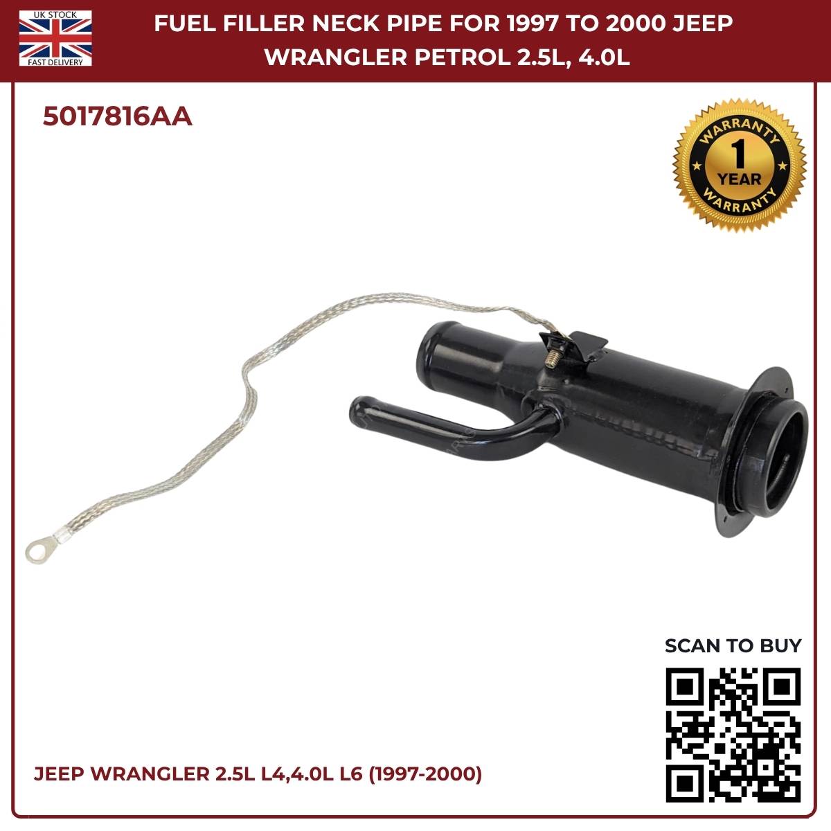 Fuel Tank Filler Neck Pipe 5017816AA – Fits Jeep Wrangler 1997–2000 2.5L & 4.0L Petrol (Mk2)