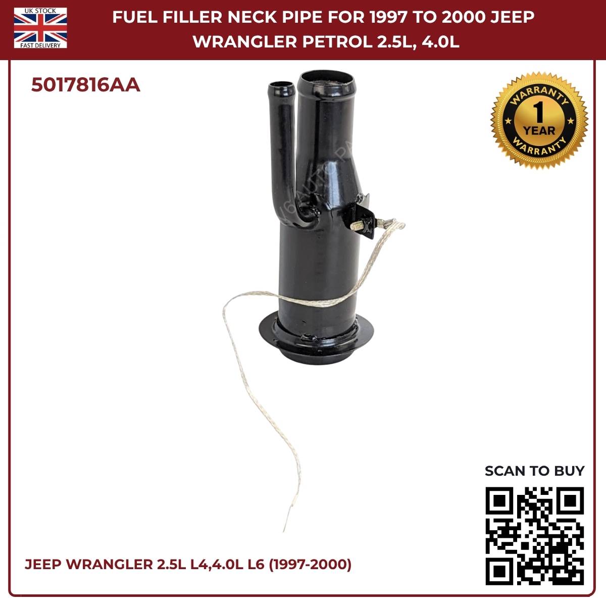 Fuel Tank Filler Neck Pipe 5017816AA – Fits Jeep Wrangler 1997–2000 2.5L & 4.0L Petrol (Mk2)
