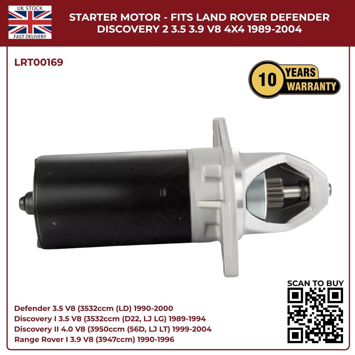 Starter Motor for Land Rover Defender & Discovery V8 (3.5, 3.9, 4.0) – 1989‑2004 | OEM Replacement