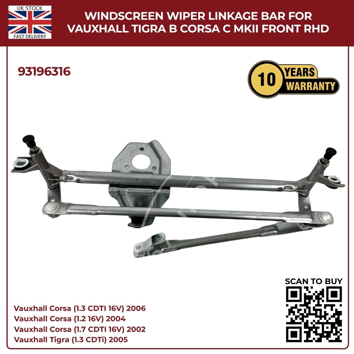 Front Windscreen Wiper Linkage Mechanism Arm for Vauxhall Corsa C Mk2 2000–2006 (Front Wiper Linkage 93196316)