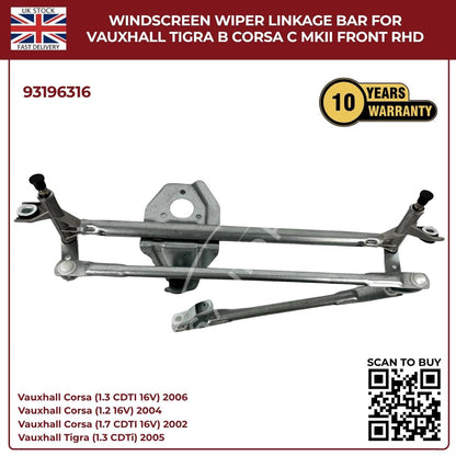 Front Windscreen Wiper Linkage Mechanism Arm for Vauxhall Corsa C Mk2 2000–2006 (Front Wiper Linkage 93196316)