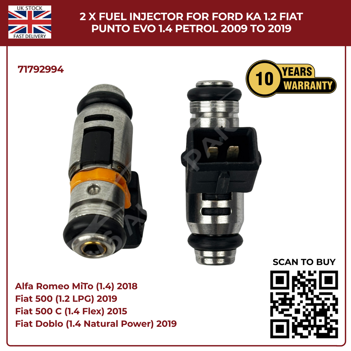 2× Fuel Injectors 71792994 – Fits 2009–2019 Ford Ka 1.2 & Fiat Punto Evo 1.4 Petrol