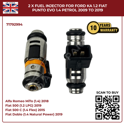 2× Fuel Injectors 71792994 – Fits 2009–2019 Ford Ka 1.2 & Fiat Punto Evo 1.4 Petrol