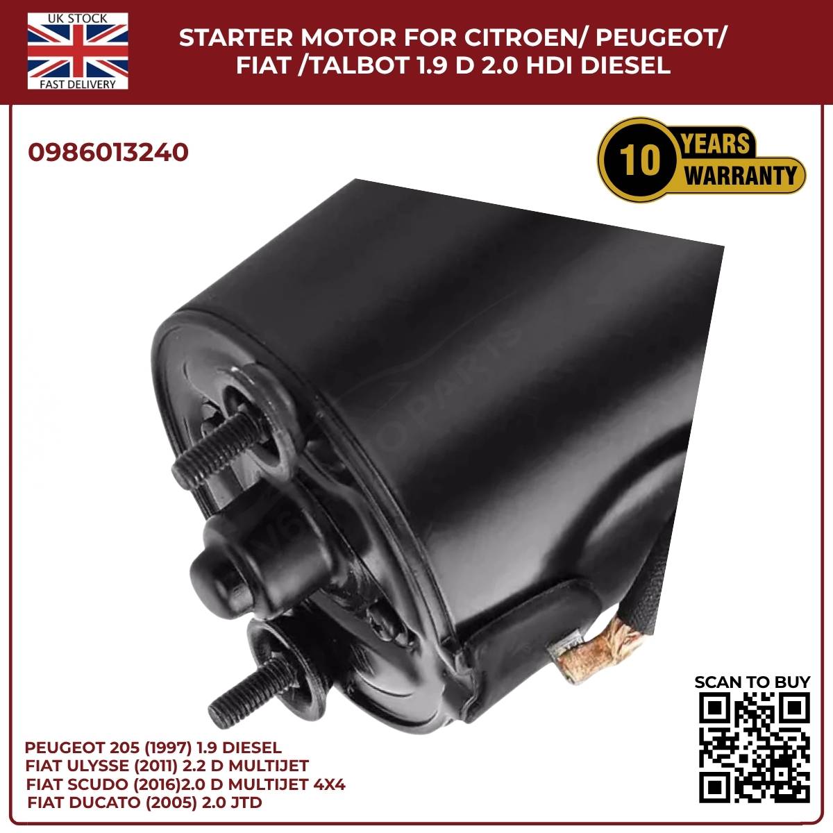 Starter Motor for Citroen / Peugeot / Fiat / Talbot – 1.9D & 2.0 HDI Diesel | Ref 0986013240