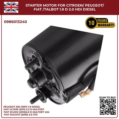 Starter Motor for Citroen / Peugeot / Fiat / Talbot – 1.9D & 2.0 HDI Diesel | Ref 0986013240