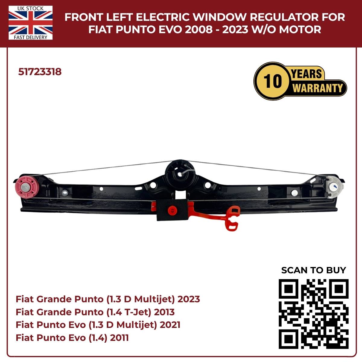 Front Left Electric Window Regulator (No Motor) – Fits Fiat Grande Punto & Punto Evo 2005–2023 | OEM 51723318