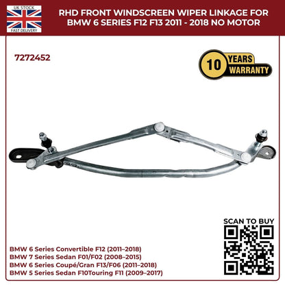 BMW RHD Front Wiper Linkage Assembly – Fits 2009‑2017 5 Series F10/F11 & 6 Series – Part No. 7272452