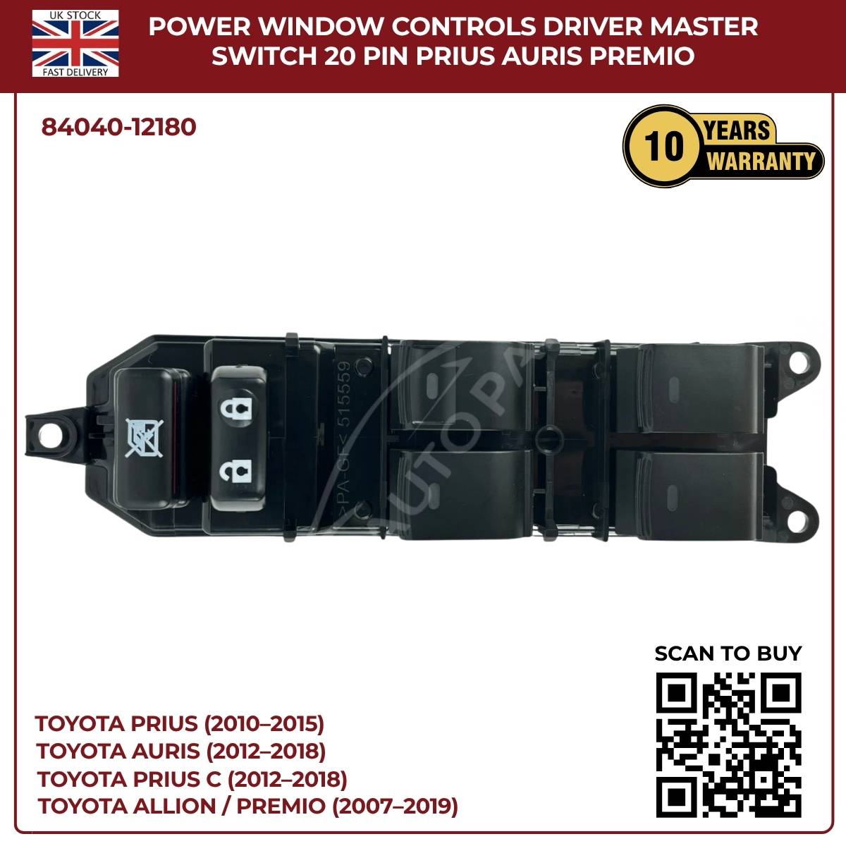 Toyota Lexus Driver Master Power Window Switch – Lock Control Buttons (OEM 84040‑12180, CT200h Prius Corolla)