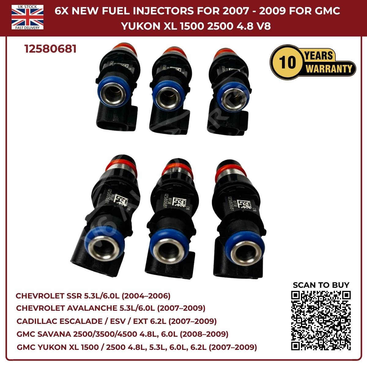 Set of 6 High-Flow Fuel Injectors | Fits 2005–2006 Chevrolet SSR 5.3L & 6.0L V8 Petrol | OEM 12580681 Replacement