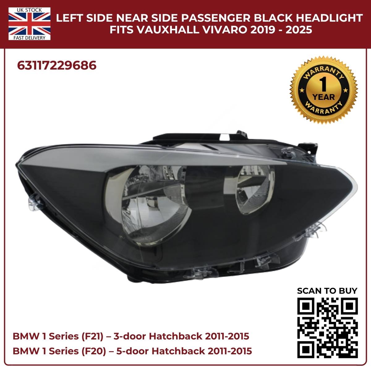 For BMW 1 Series F20/F21 Halogen Headlight – Right Side | 2011‑2015 RHD | Black Inner Housing | 63117229686