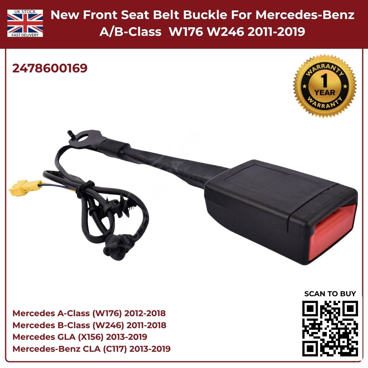 Front Seat Belt Buckle — Mercedes-Benz A-Class W176 / B-Class W246 — OE A24786095039051