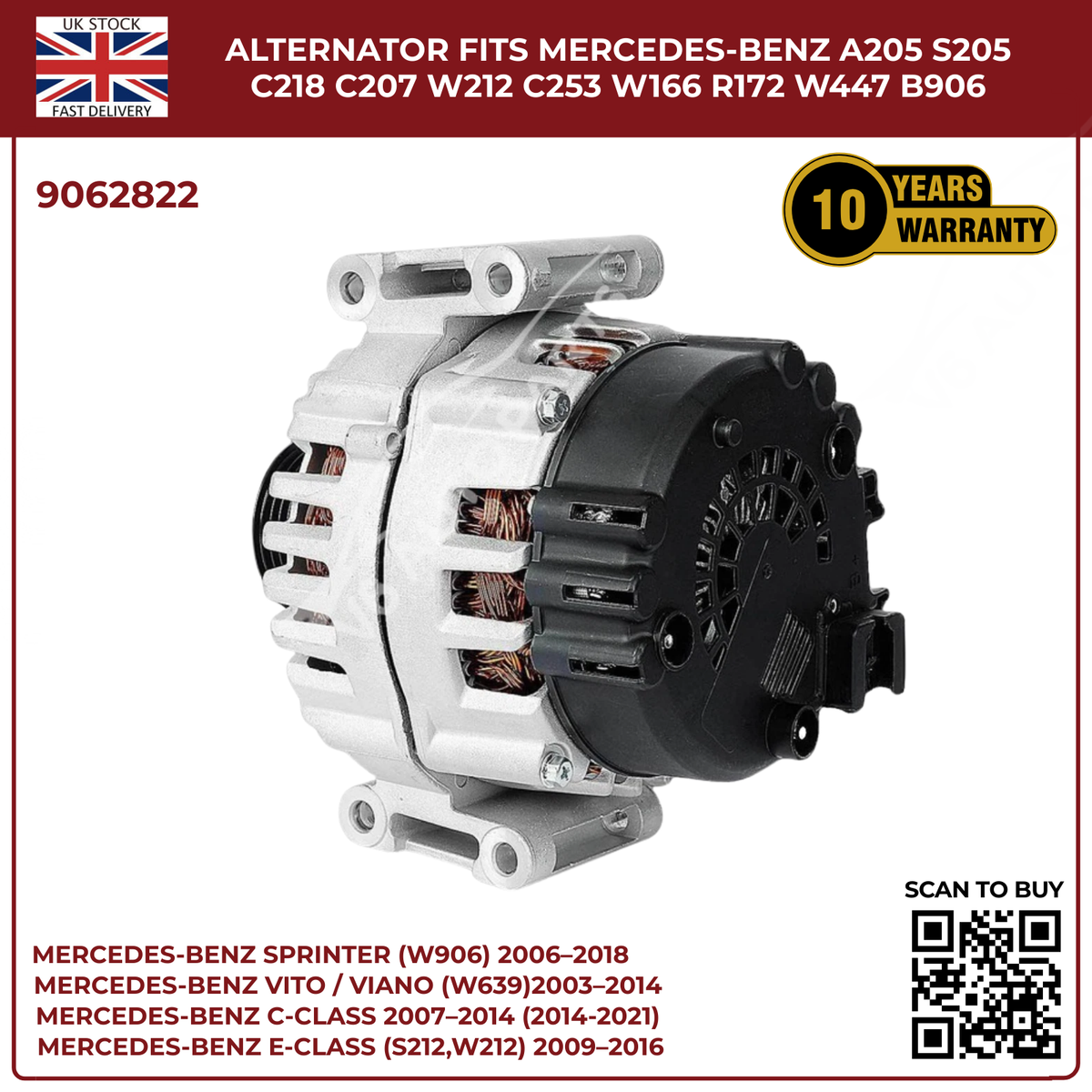 Mercedes-Benz Alternator 14V 200A – Fits A205 S205 C218 C207 W212 C253 W166 X204 W447 B906 (OEM 9062822)