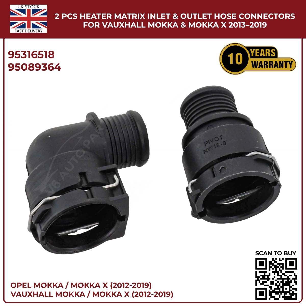 2 PCS Heater Matrix Inlet & Outlet Hose Connectors For Vauxhall ΜΟΚΚΑ Χ 2013-19