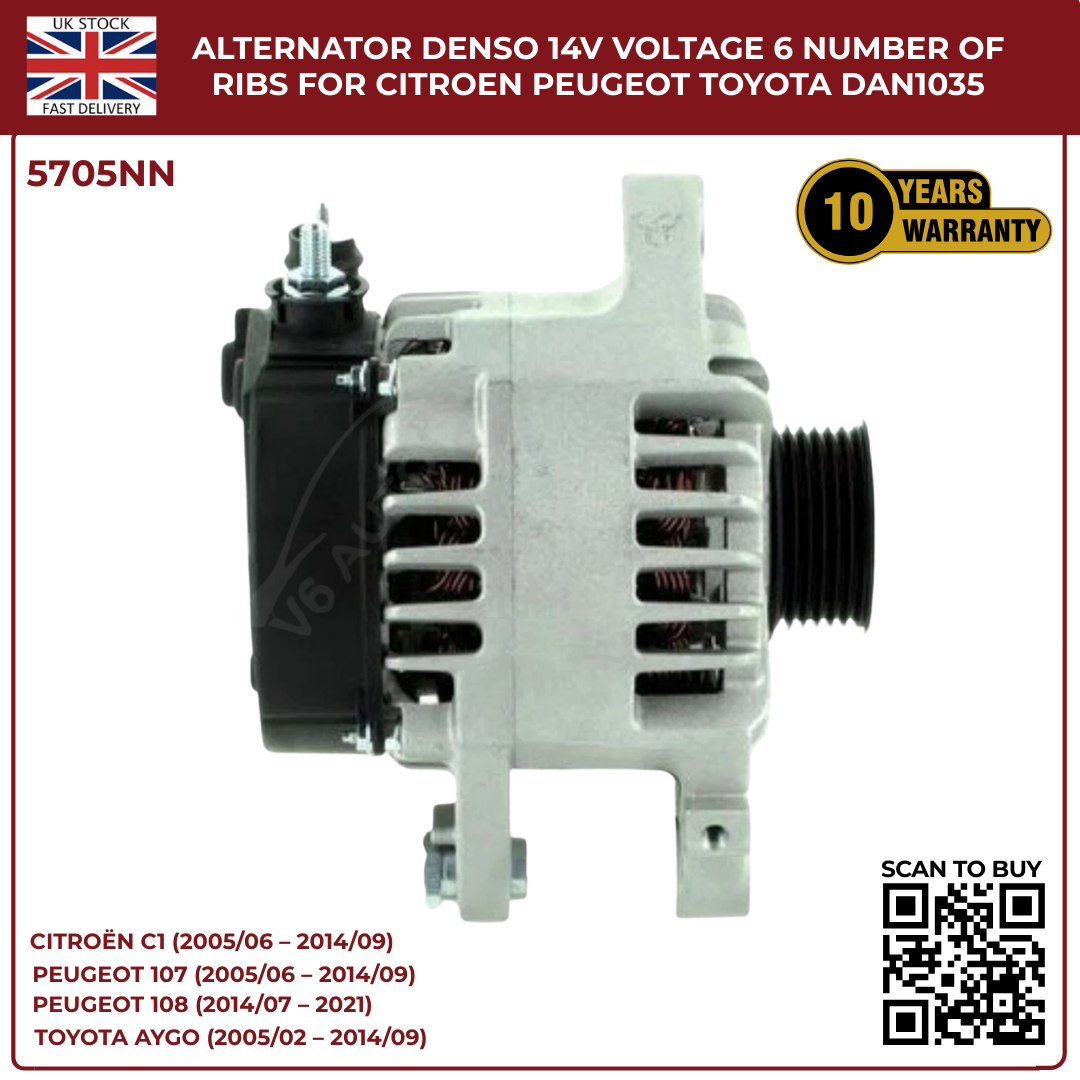 Alternator 14V 70A – 6 Rib Pulley – Citroën C1, Peugeot 107/108, Toyota Aygo – DAN1035