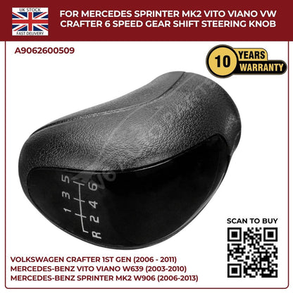 Black Leather 6‑Speed Gear Shift Knob – Fits Mercedes Sprinter MK2 W906 (2006‑2013, 3.5T / 4.5T)