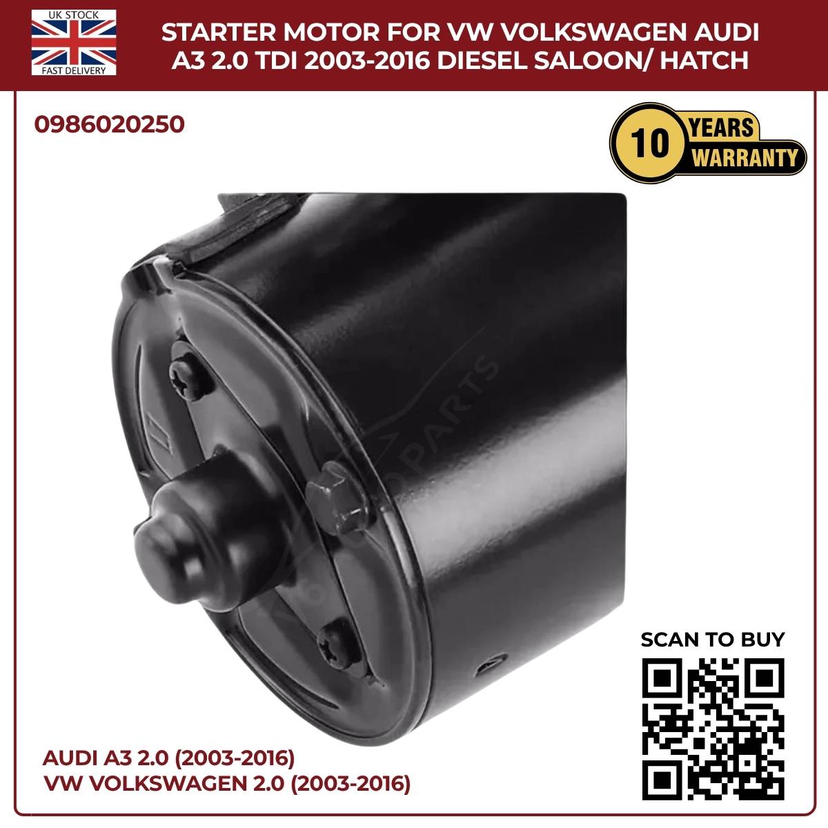 Starter Motor for VW & Audi A3 2.0 TDI (2003–2016) Diesel Saloon/Hatchback