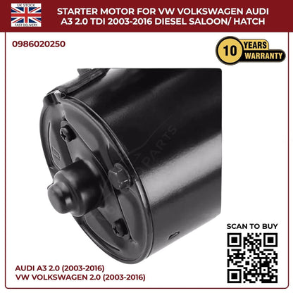 Starter Motor for VW & Audi A3 2.0 TDI (2003–2016) Diesel Saloon/Hatchback