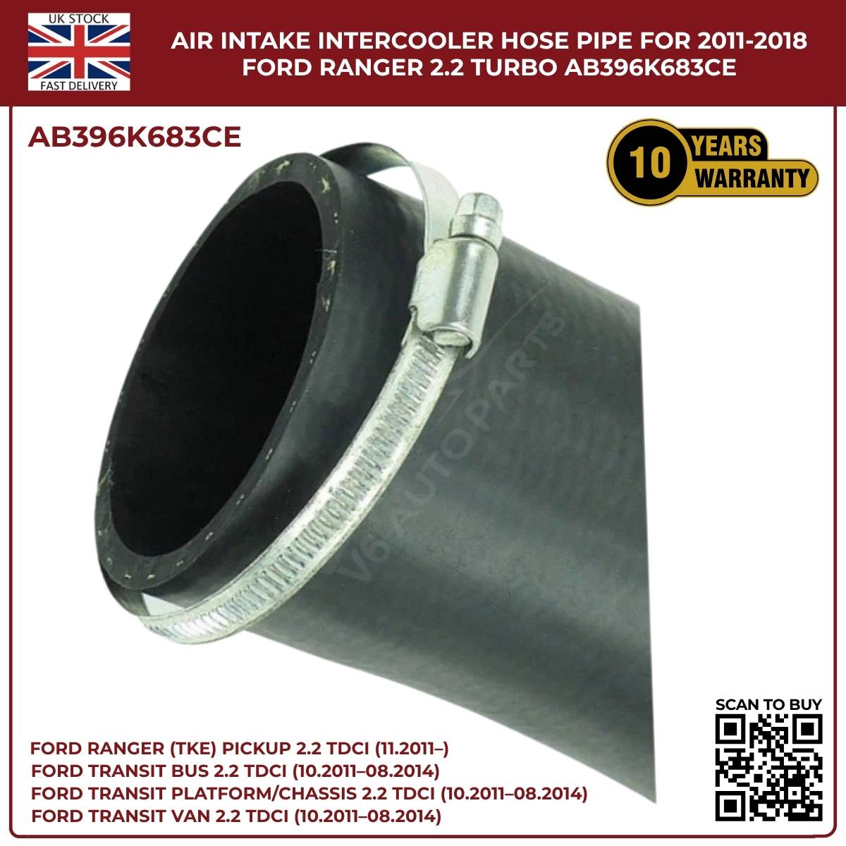 Black Intercooler Turbo Air Intake Hose Pipe – Fits Ford Ranger 2.2 TDCi (2011–2018) AB396K683CE