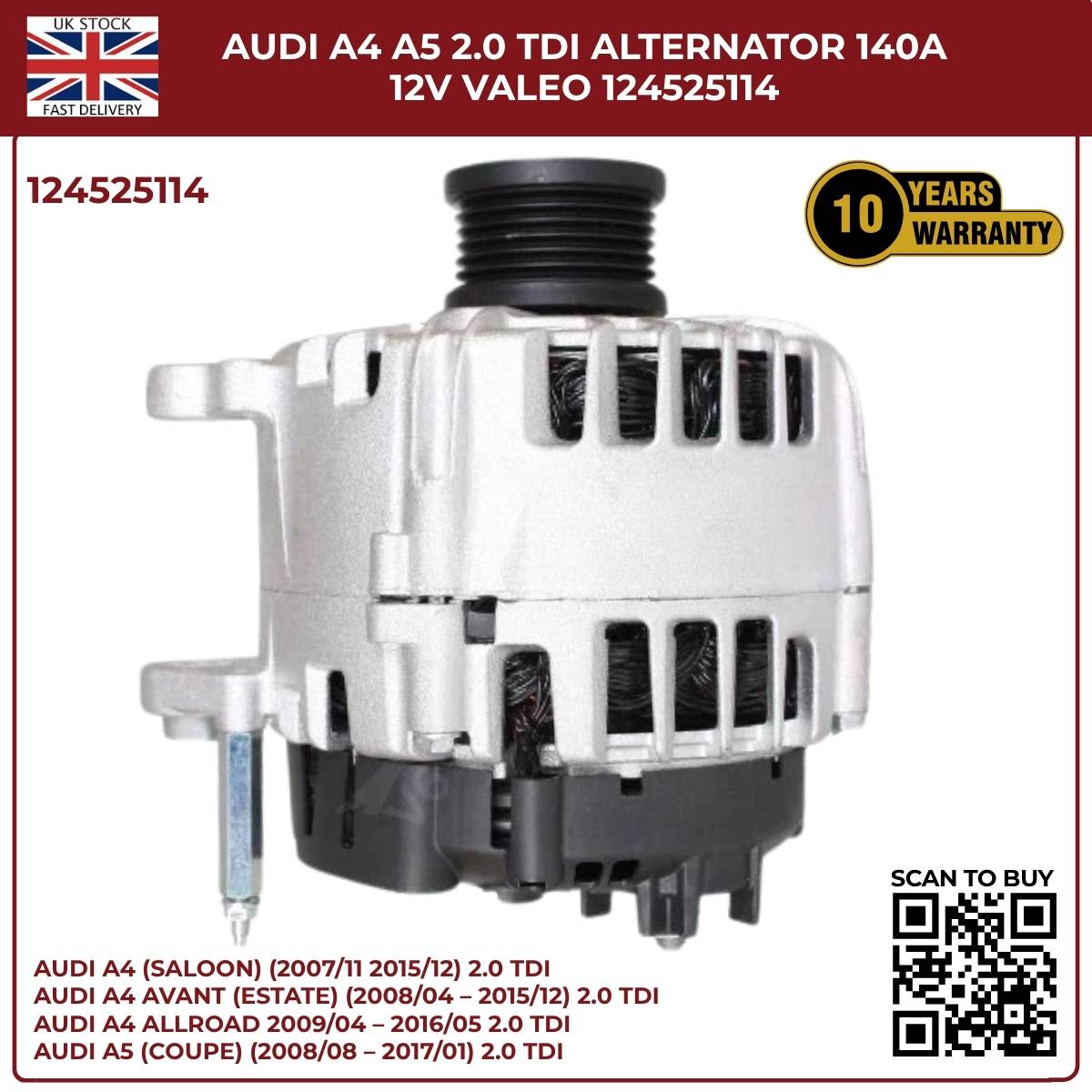 Bosch/VALEO Alternator 140A 12V – Fits Audi A4 A5 2.0 TDI – Part No. 0124525114