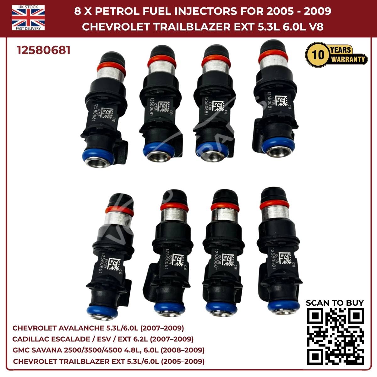 8x Fuel Injectors – Fits 2007–2010 Chevrolet Silverado 1500 / 2500HD / 3500HD – OEM Replacement