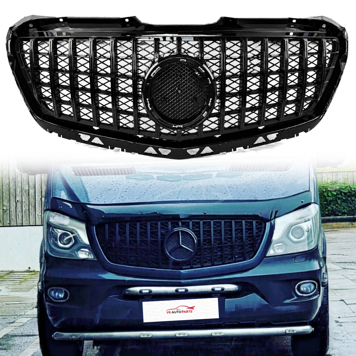 GT Panamericana Style Front Bumper Grille for Mercedes-Benz Sprinter 313 W906 (2013–2018 Facelift) – Gloss Black Radiator Grille Replacement