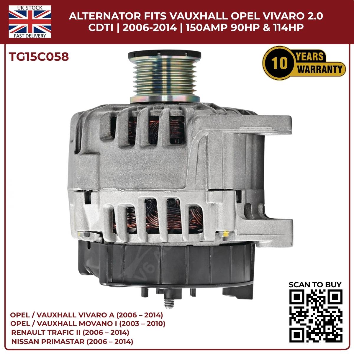 TG15C058 Alternator – 12V 150A | Fits 2006‑2014 Opel/Vauxhall Vivaro A 2.0 CDTi Diesel