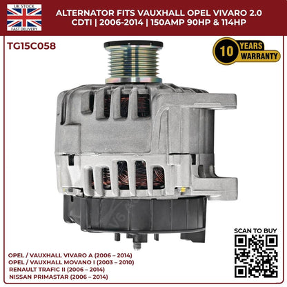 TG15C058 Alternator – 12V 150A | Fits 2006‑2014 Opel/Vauxhall Vivaro A 2.0 CDTi Diesel