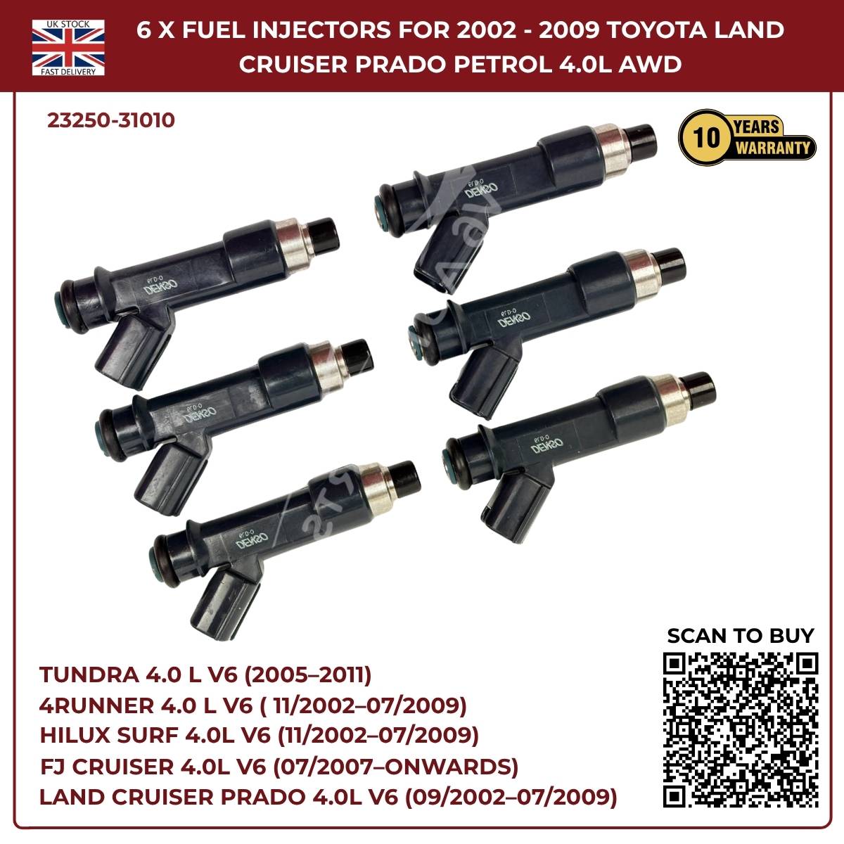 6x Fuel Injector Set 23250-31010 – Fits 2002–2009 Toyota Hilux Surf 4.0L V6 Petrol AWD/RWD