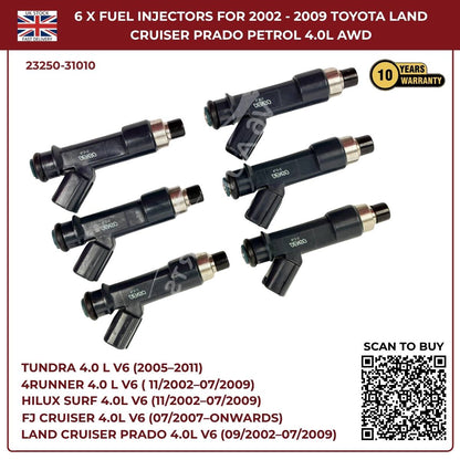 6x Fuel Injector Set 23250-31010 – Fits 2002–2009 Toyota Hilux Surf 4.0L V6 Petrol AWD/RWD